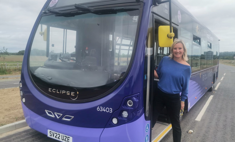 Caroline on an Eclipse Bus