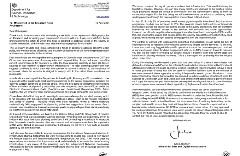 Letter from Minister Julia Lopez MP