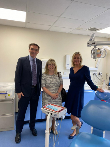 Caroline with Health Minister Maria Caulfield and Phil Gowers, Chair of the Hampshire and Isle of Wight Local Dental Committee in Gosport in 2022